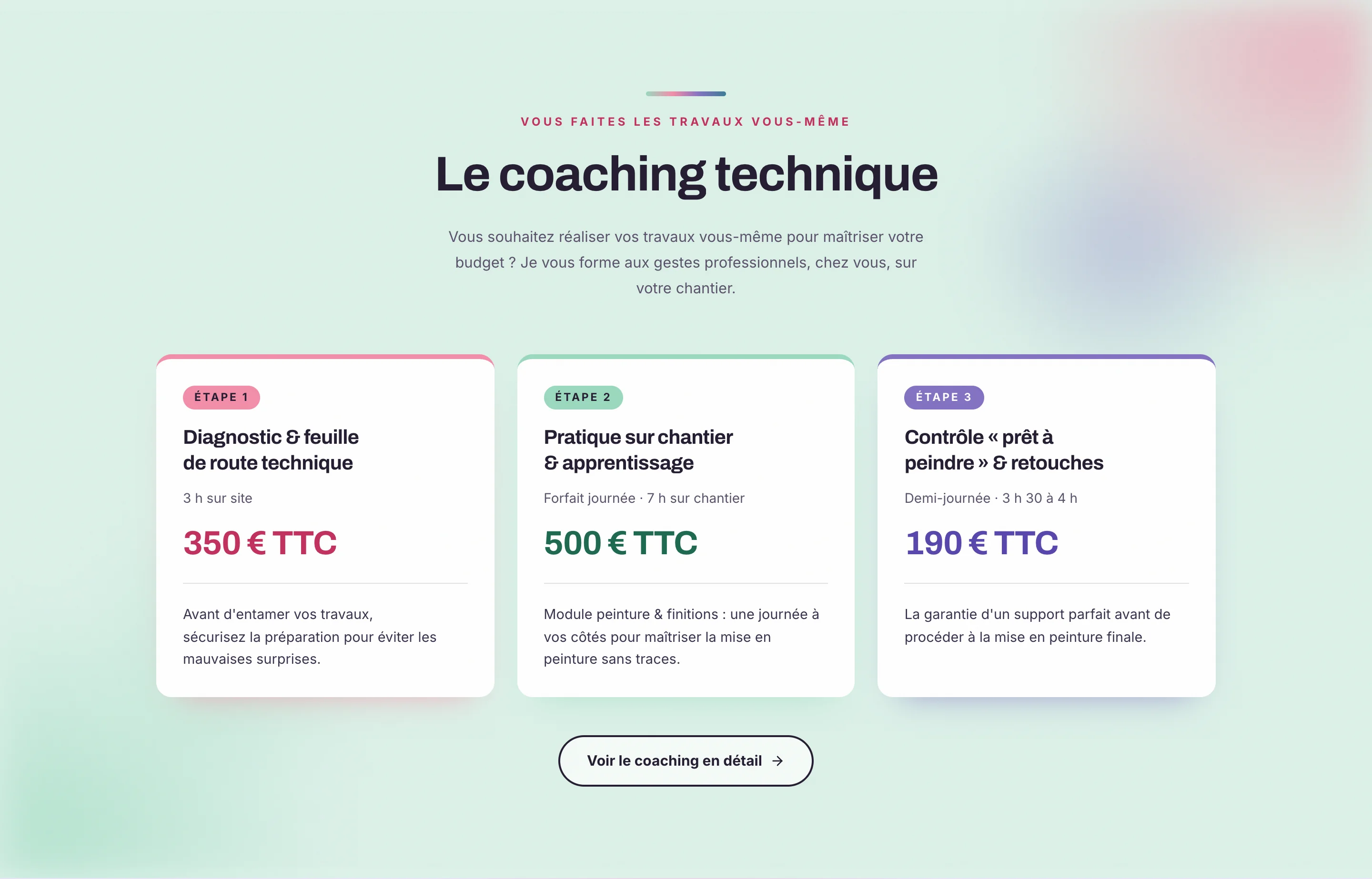 Section du coaching technique, avec ses tarifs