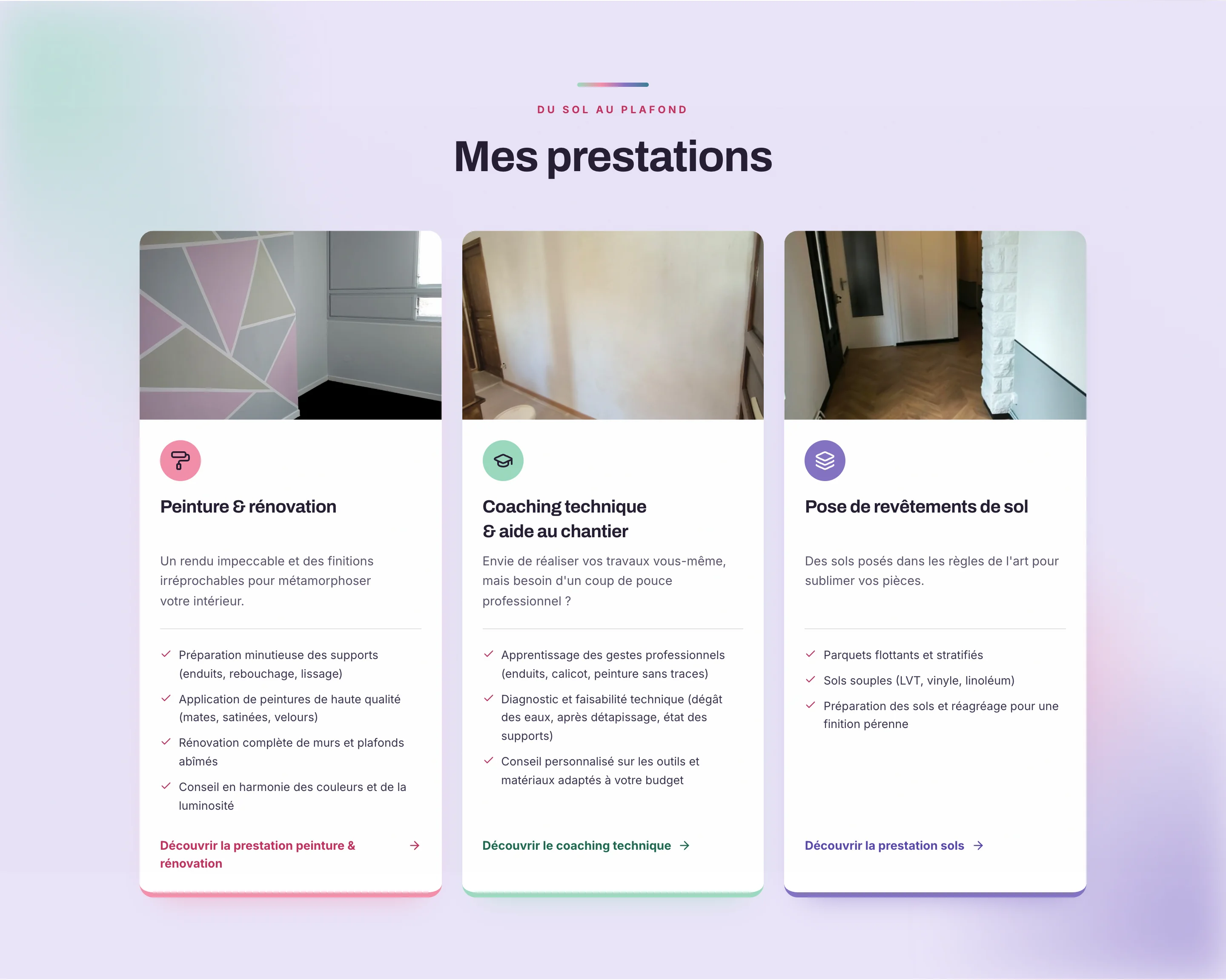 Section des prestations : peinture, pose de sol, coaching