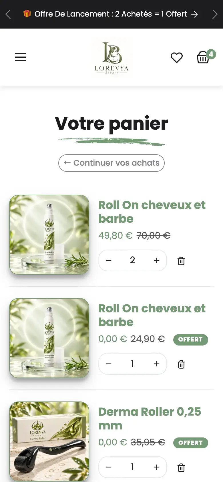 Panier avec l'offre « 2 achetés = 1 offert » appliquée et le cadeau ajouté