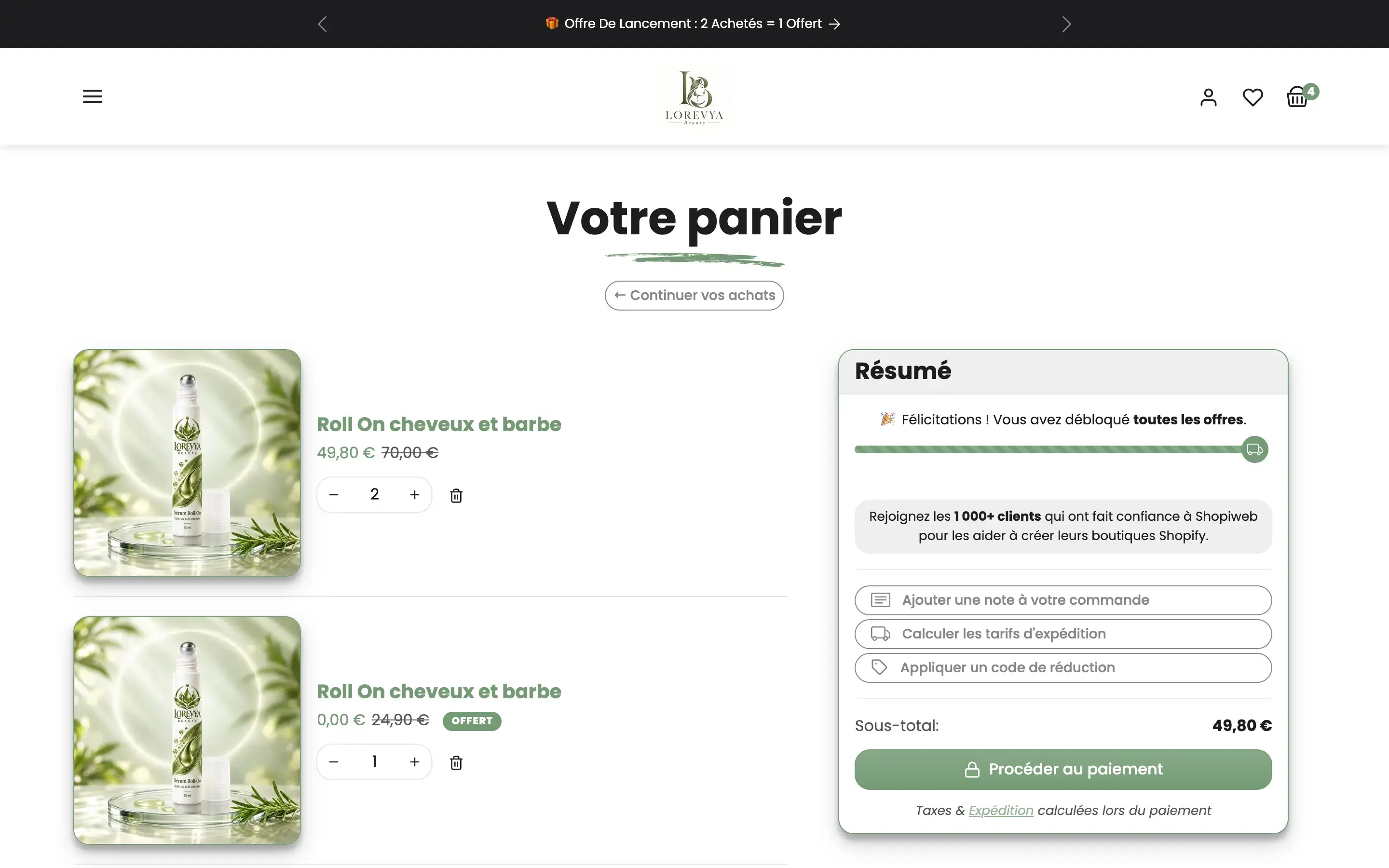 Panier avec l'offre « 2 achetés = 1 offert » appliquée et le cadeau ajouté