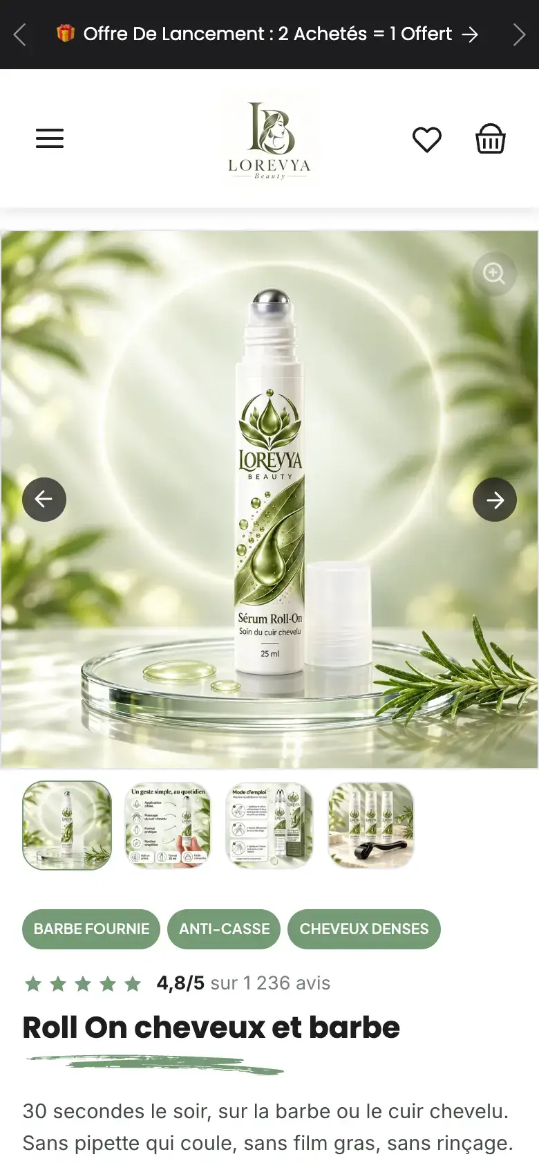 Page produit du roll-on cheveux et barbe, avec le choix du lot