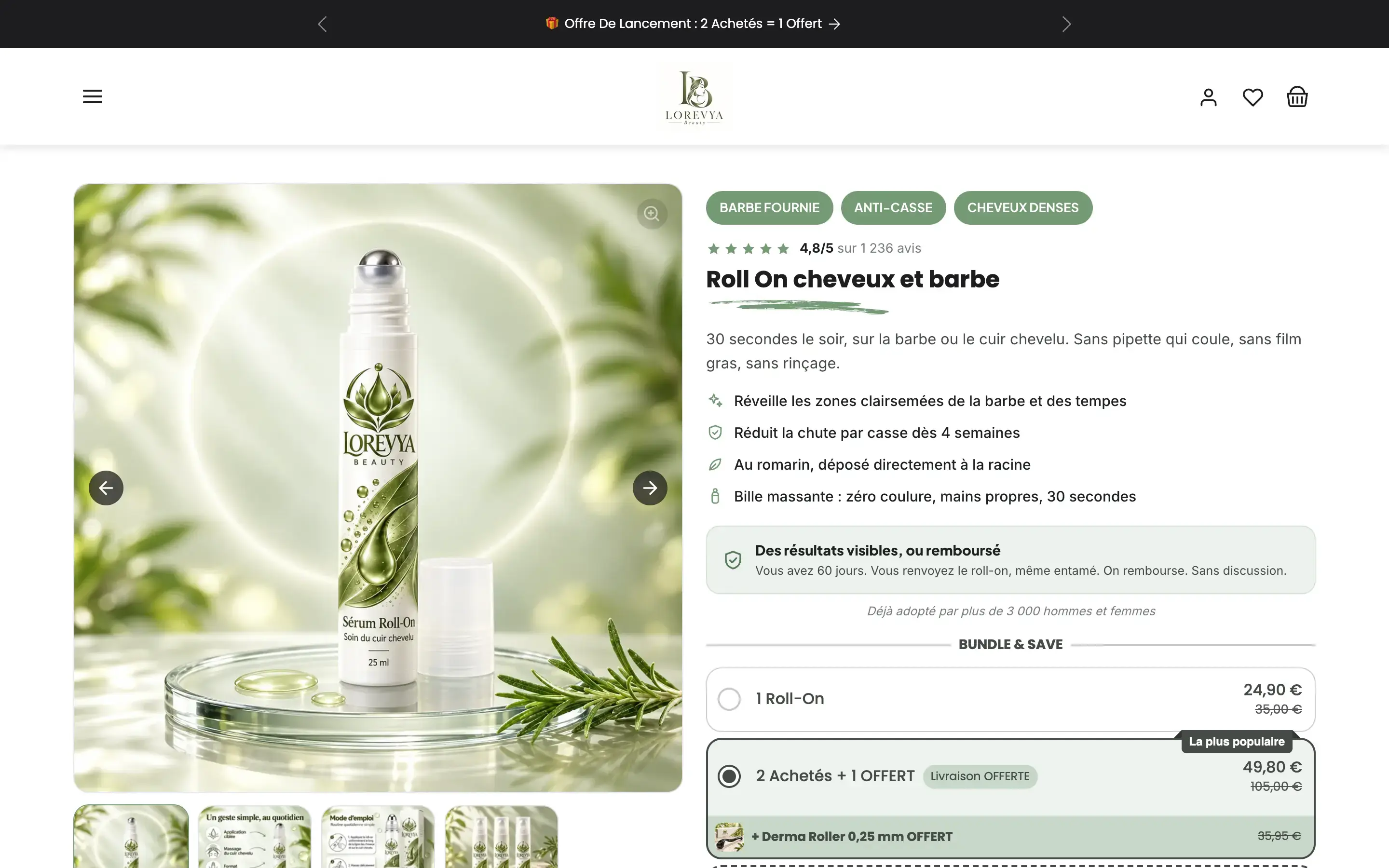 Page produit du roll-on cheveux et barbe, avec le choix du lot