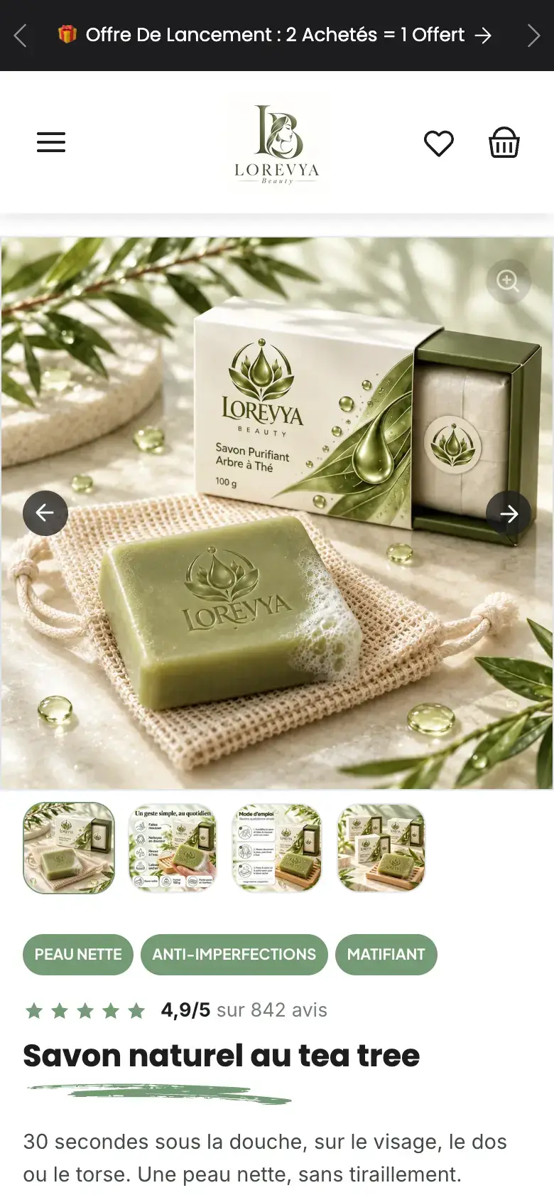 Page produit du savon naturel au tea tree, avec le choix du lot