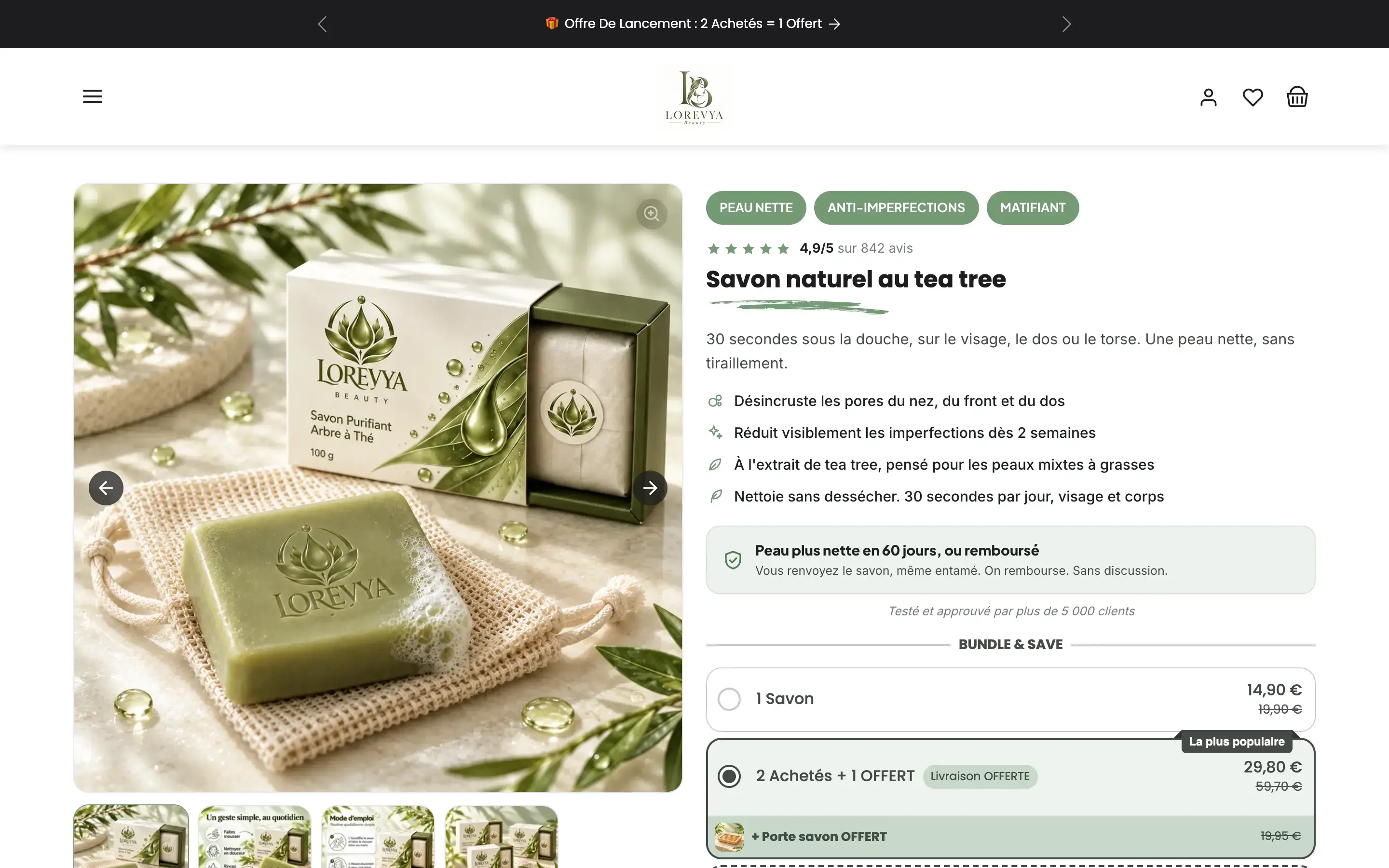 Page produit du savon naturel au tea tree, avec le choix du lot